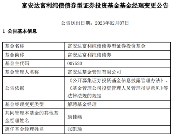 张凯瑜离任富安达富利纯债债券与富安达现金通货币