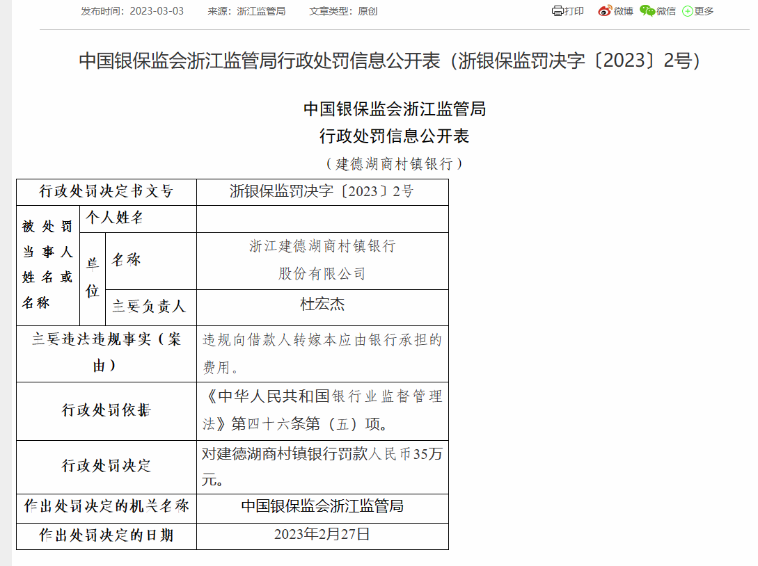  浙江建德湖商村镇银行被罚35万：因违规向借款人转嫁本应由银行承担的费用