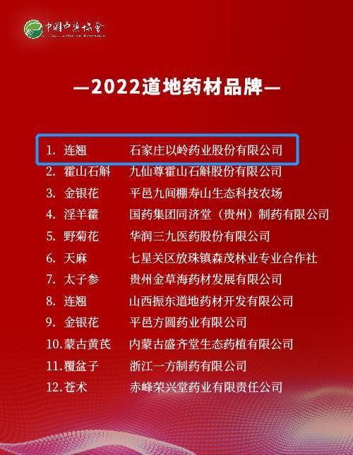 以岭药业种植的中药品种“连翘”荣登“2022道地药材品牌”榜单